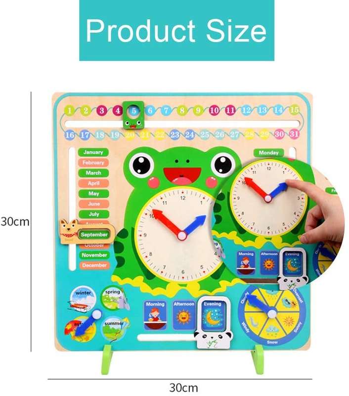 multifunctional calendar/ weather clock Children Clock Calendar Toy Cartoon Frog Wooden Clock for...