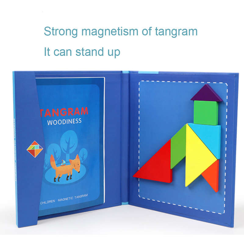 Wooden magnetic tangram puzzle with illustration book.