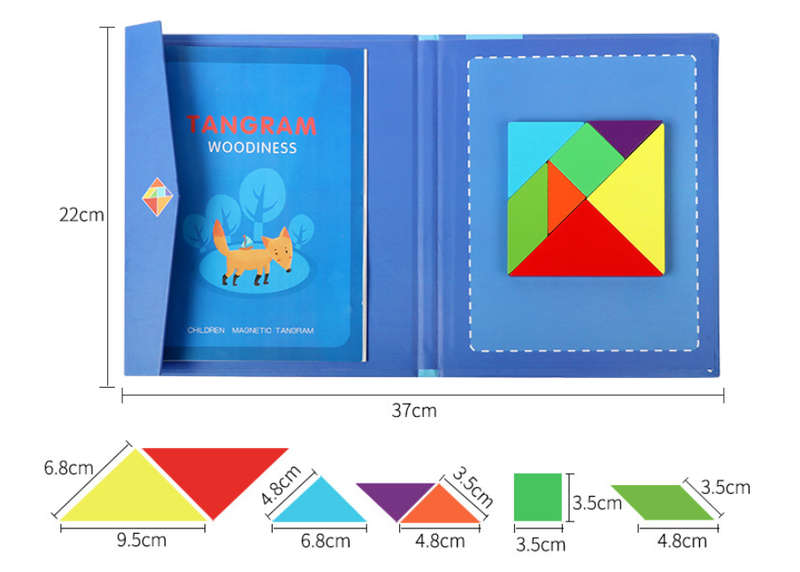 Wooden magnetic tangram puzzle with illustration book.