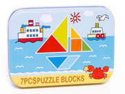 Tangram blocks in steel tin