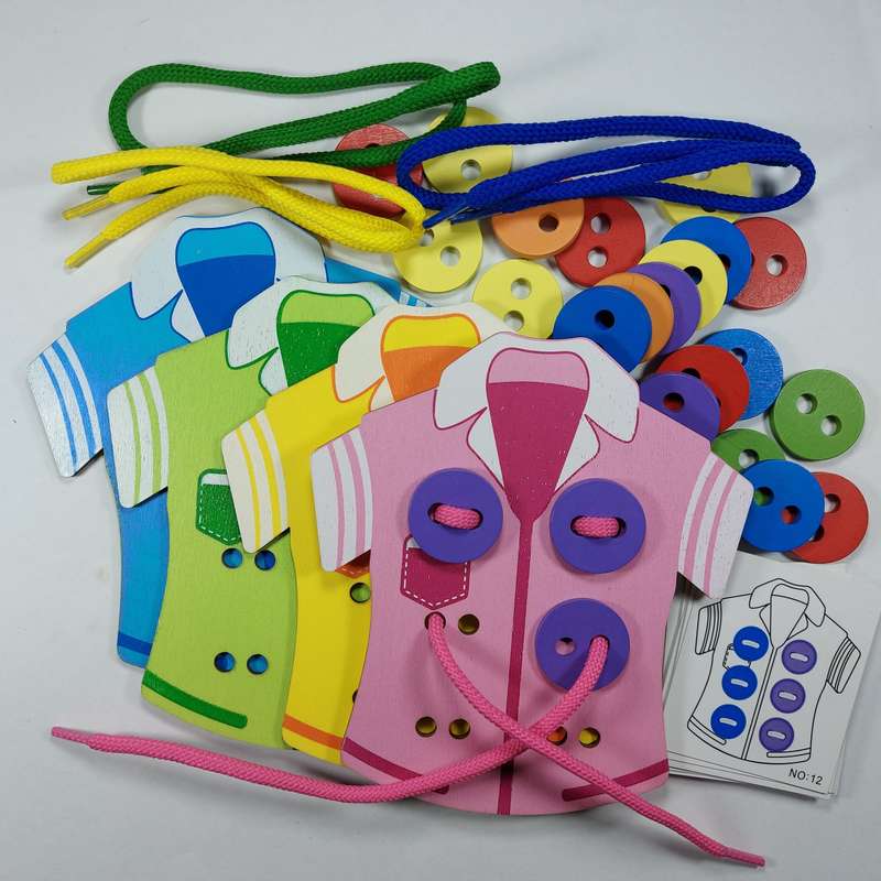 clothes button threading toys and activity cards Shirts Lacing Buttons Colour Matching Kids Threa...