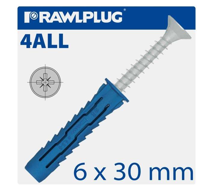 Rawlplug Universal Plugs and Screws - Blue (6 x 30mm)