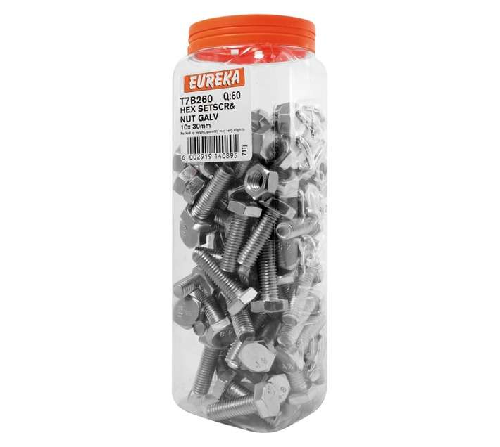 Eureka 10 x 30mm Galvanised Hex Set Screw and Nut (60 Pack)