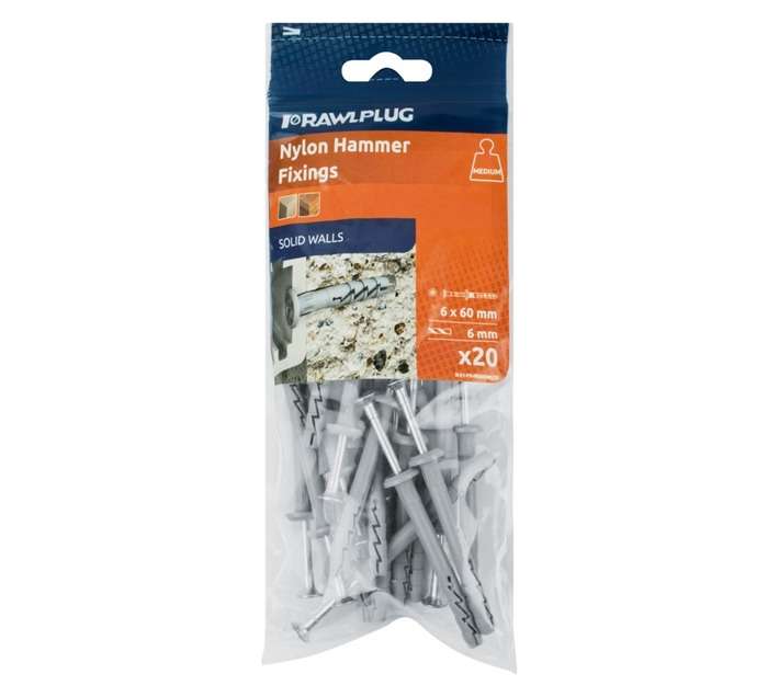 Rawlplug 20 x Nylon Hammer In Fixing Mushroom Head (6 x 60mm)