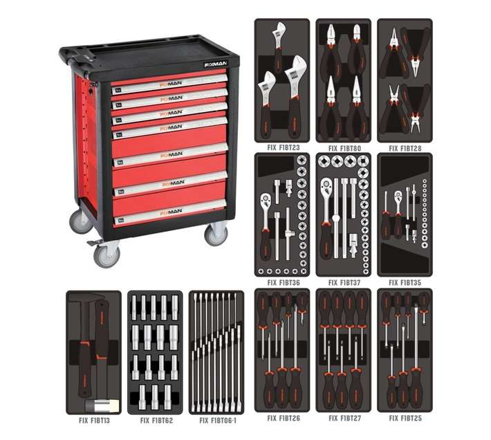 Fixman 130 Piece 7 Drawer Roller Cabinet - Red/Black (766 x 465 x 958mm)