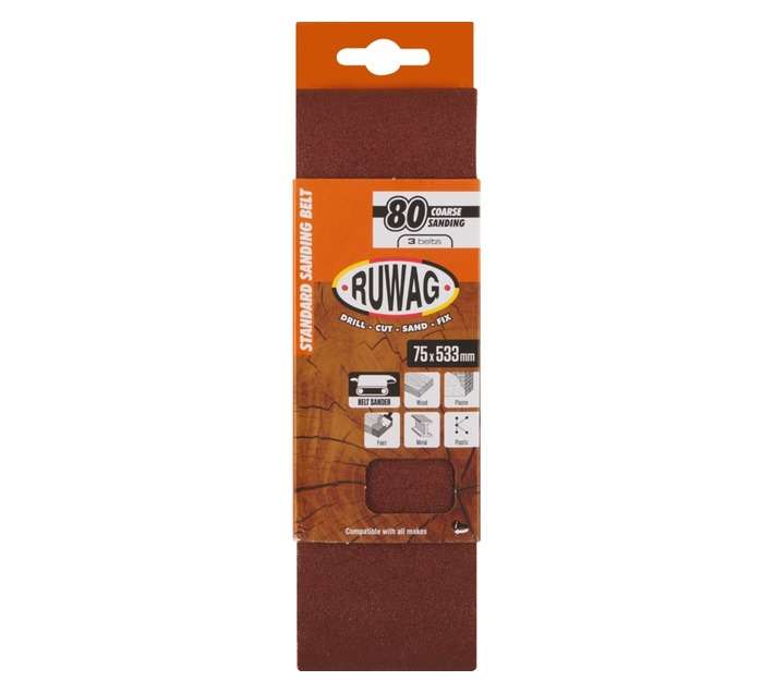 Ruwag 75 x 533mm P80 Sanding Belts (3 Pack)