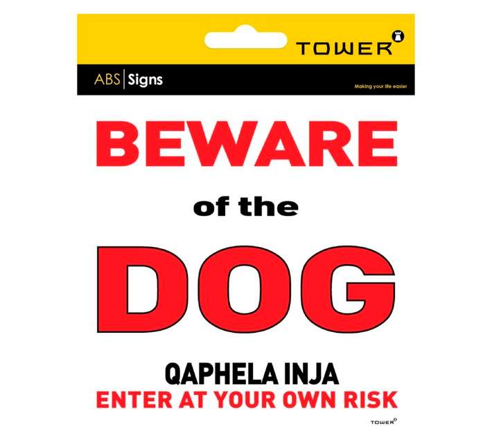 Tower Beware of The Dog Sign - White/Red (150 x 150mm)
