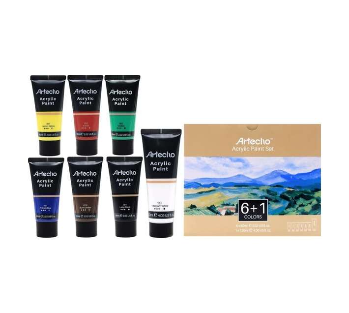 Artecho Acrylic Paint Set, 7 Primary Colours - 6 x 60ml and 1 x 120ml Titanium White