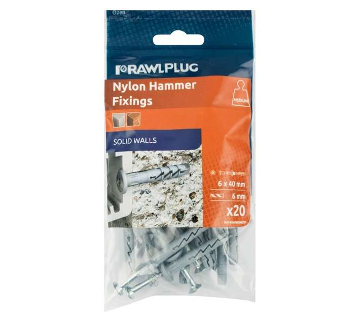 Rawlplug 20 x Nylon Hammer In Fixing Mushroom Head (6 x 40mm)