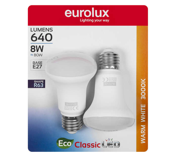 Eurolux 2 x E27 LED R63 Reflector Globe - Warm White (8W)