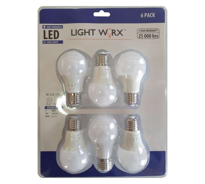 Light Worx 6 x E27 LED Globes - Cool White (7W)