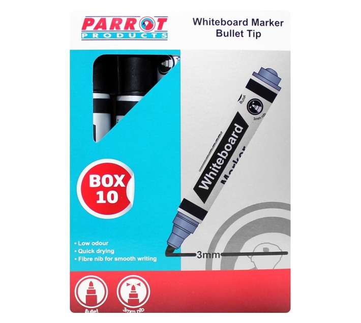 Parrot Products PW1001B 10 x Bullet Tip Whiteboard Marker - Black
