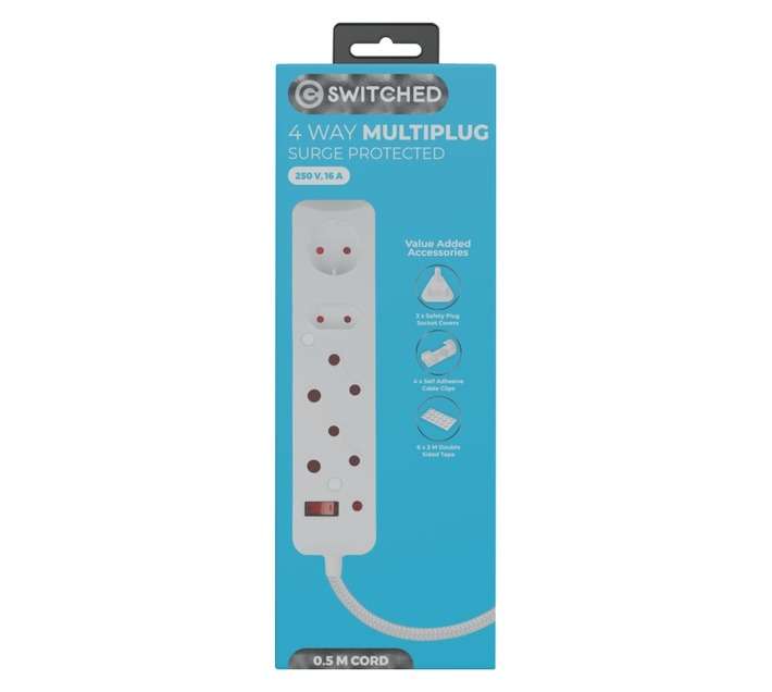 Switched High Surge 4 Way Multiplug - White (3000mm)