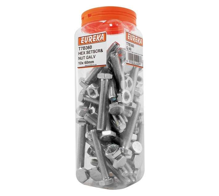 Eureka 10 x 60mm Galvanised Hex Set Screw and Nut (40 Pack)