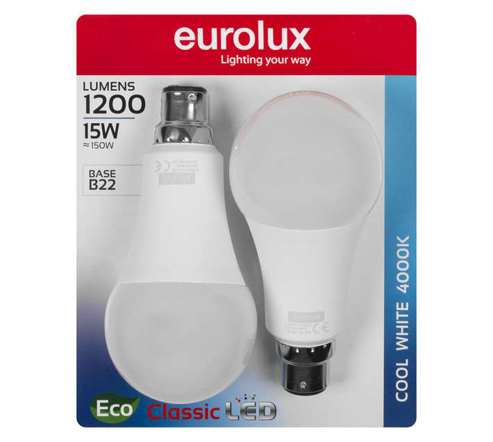 Eurolux 2 x B22 A65 LED Globe - Cool White (15W)