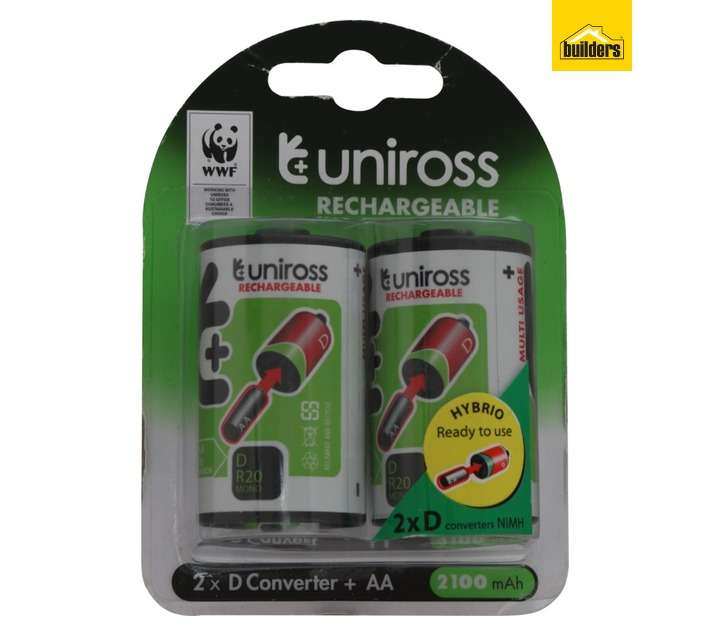 Uniross Hybrio D Cell Battery Converter with 2 x Rechargeble Batteries (AA)