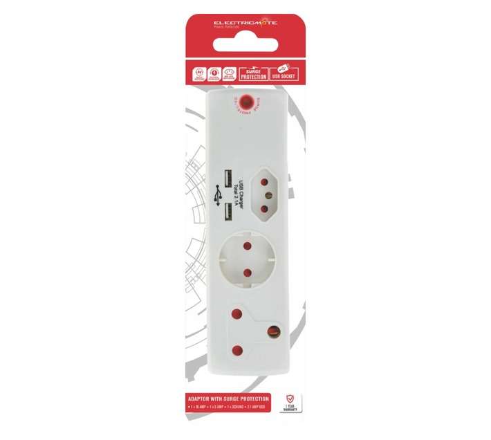 Electricmate 16A Adaptor with 2.1A USB - White