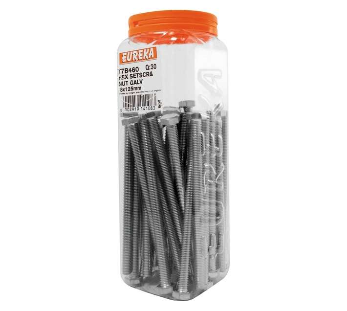 Eureka 8 x 125mm Galvanised Hex Set Screw and Nut (30 Pack)