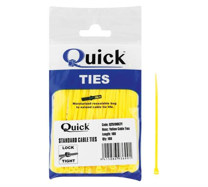Quick Ties Cable Ties - Yellow (2.5 x 100mm)