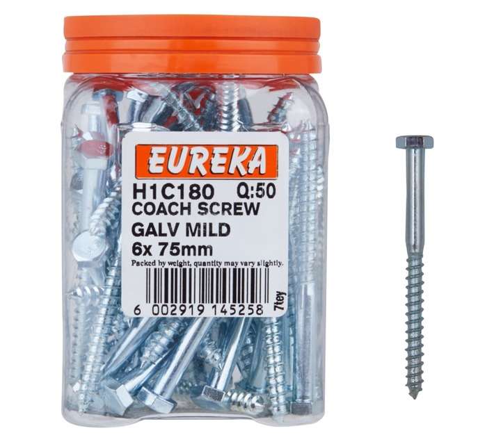 Eureka 50 x H1C180 Coach Screw Galvanised (6 x 75mm)
