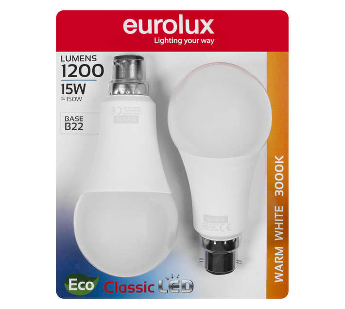 Eurolux 2 x B22 A65 LED Globe - Warm White (15W)
