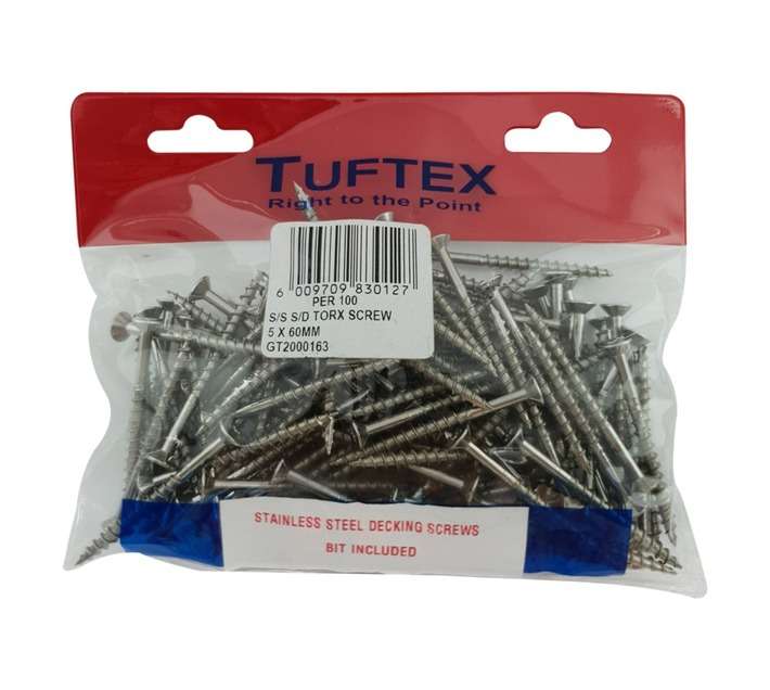 Tuftex 100 x Stainless Steel Torx Screw and Bits (5 x 60mm)