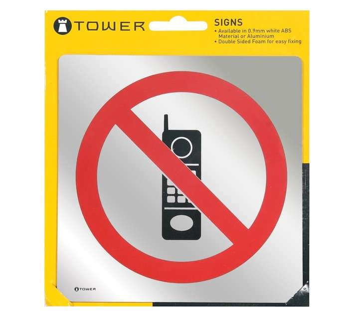 Tower Aluminium No Cellphones Sign - Red/Silver (150 x 150mm)