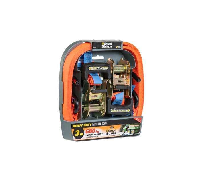 Smart Straps 2 x 680kg Lashing Capacity Padded Ratchet Tie Downs - Orange (3000mm)
