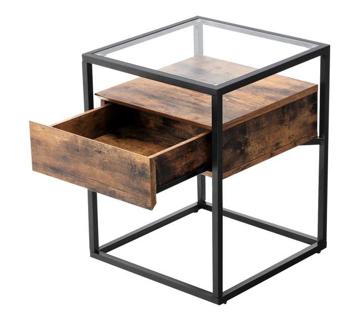 Lifespace Industrial High Quality Rustic Glass End Table with Drawer - Rustic Brown (430 x 430 x ...