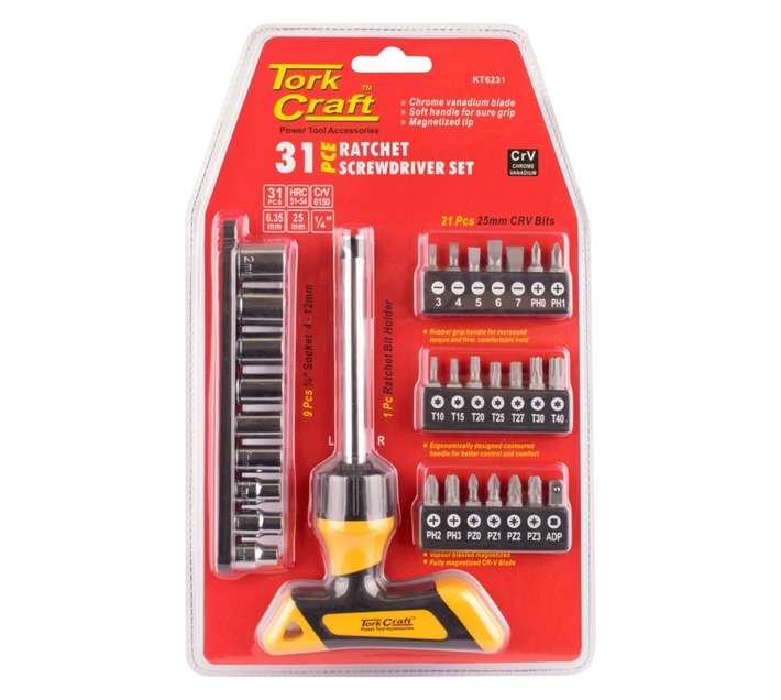 Tork Craft KT6231 31 Piece T-Handle Screwdriver Rachet Set - Black/Yellow