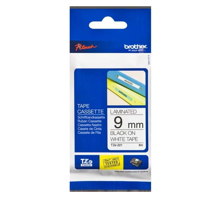 Brother TZE-221 Laminated Tape - Black/White (9mm x 8m)