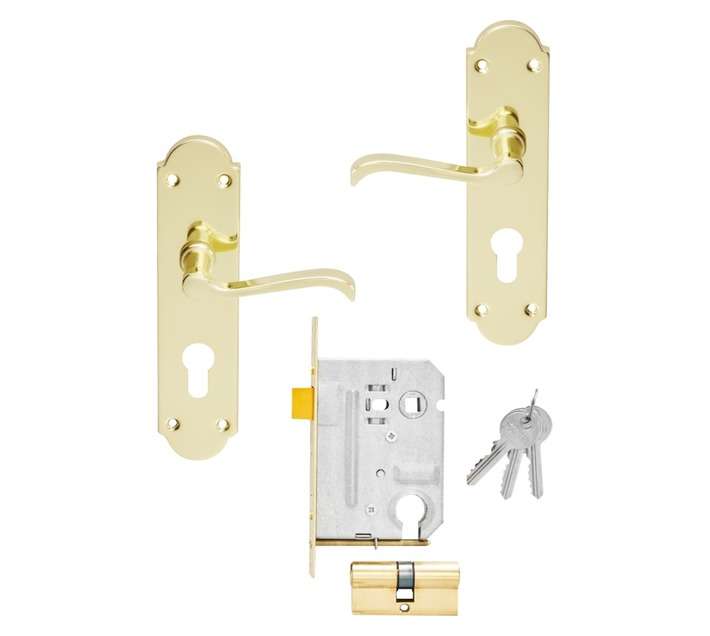 Mackie Victorian Handle Gable Plated Scroll Pressed Steel Profile Cylinder Brass Lock Set (250 x ...