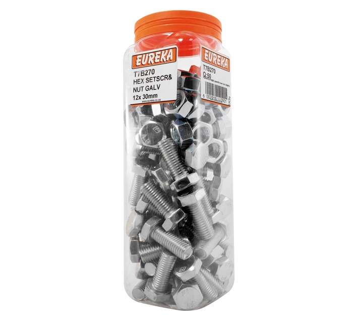 Eureka 12 x 30mm Galvanised Hex Set Screw and Nut (50 Pack)