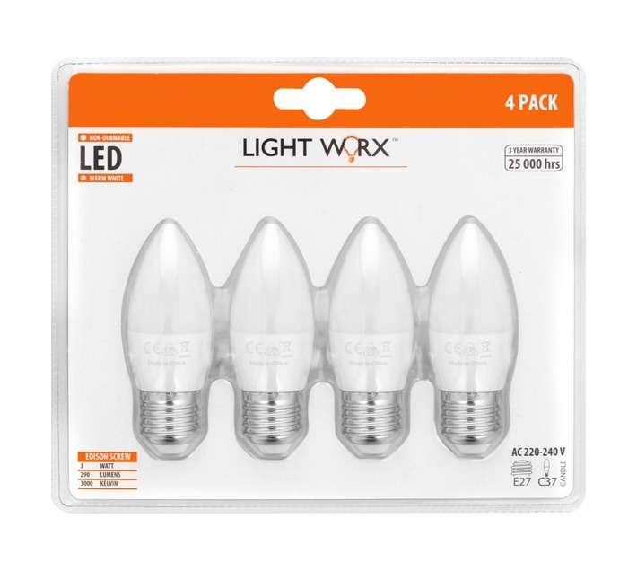 Lightworx 4 x LED E27 Candle Bulbs - Warm White (3w)