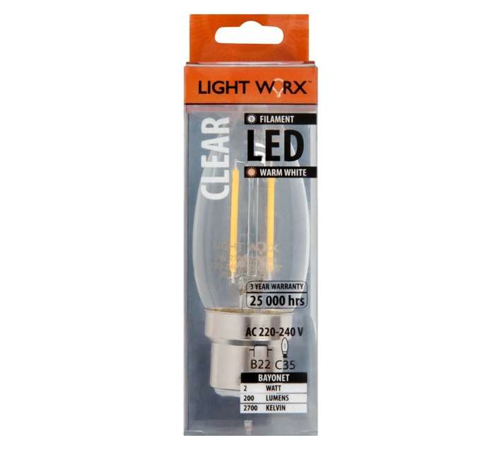 Lightworx LED B22 Filament Candle Bulbs - Clear (2w)