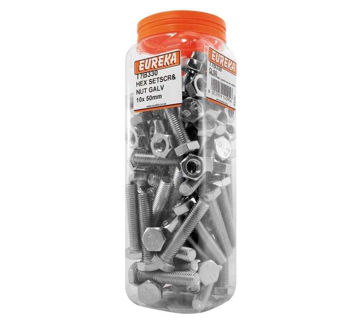 Eureka 10 x 50mm Galvanised Hex Set Screw and Nut (50 Pack)
