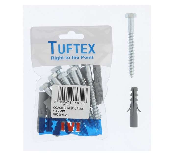 Tuftex 10 x Coach Screw and Plugs (8 x 75mm)