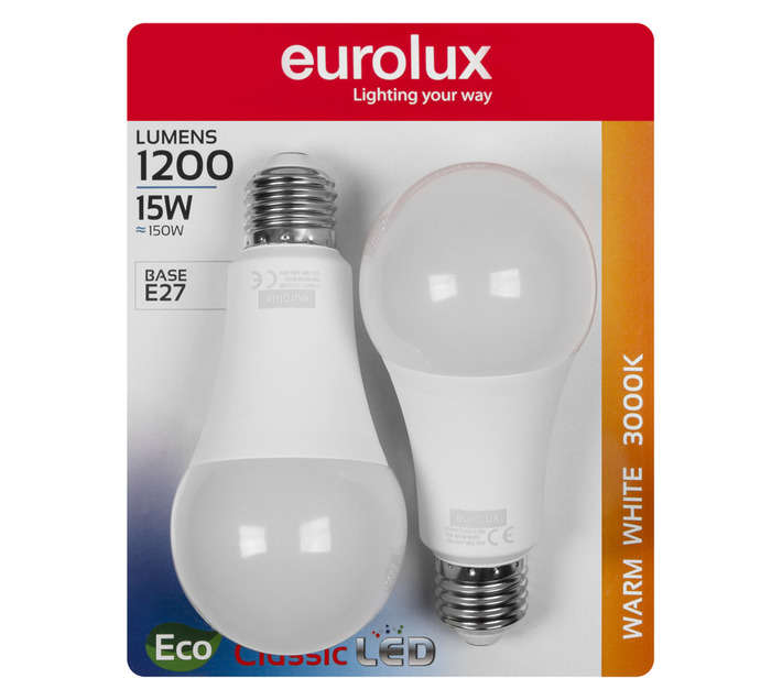 Eurolux 2 x E27 A65 LED Globes - Warm White (15W)