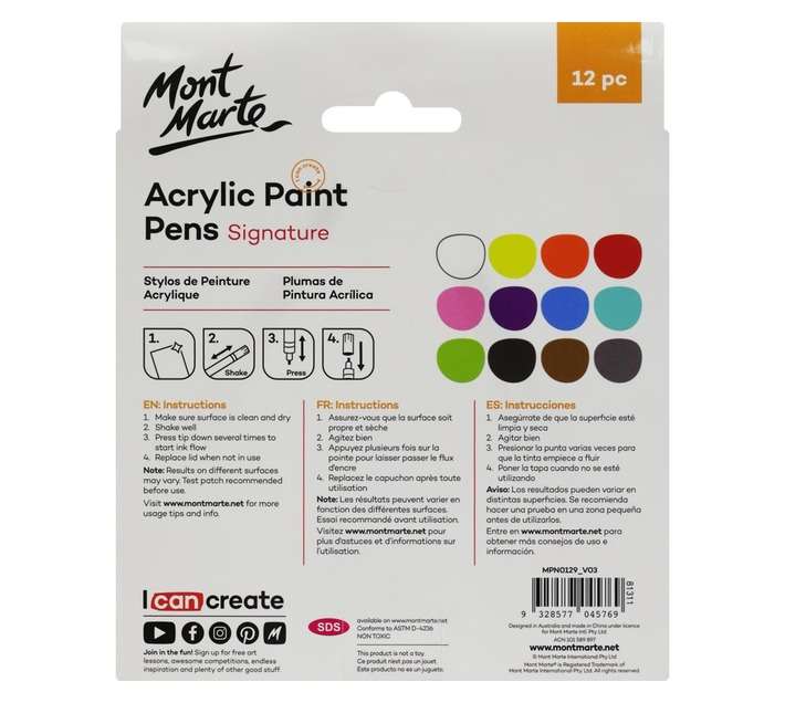 Mont Marte 12 Piece Fine Tip Acrylic Paint Pens - Assorted