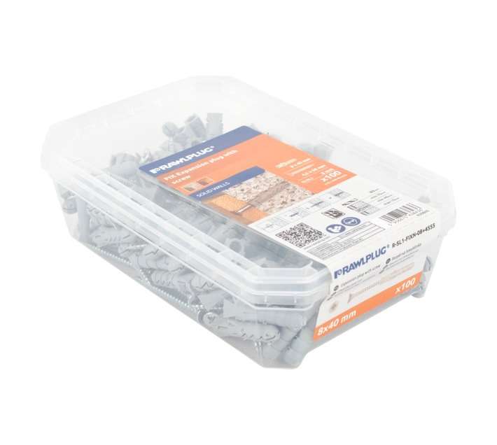 Rawlplug 100 x Nylon Expansion Plugs and Screws - Silver (8 x 40mm)