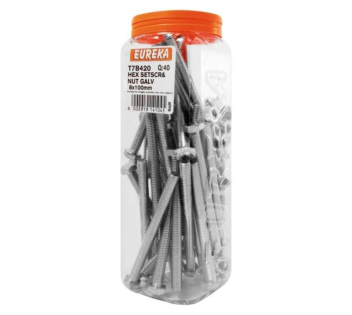 Eureka 8 x 100mm Galvanised Hex Set Screw and Nut (40 Pack)