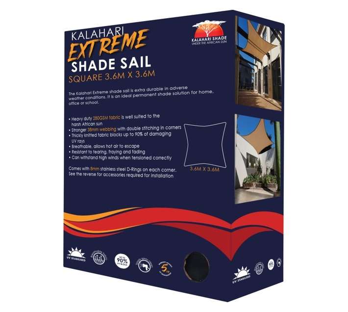 Kalahari Extreme Square Shade Sail - Charcoal (3600mm)