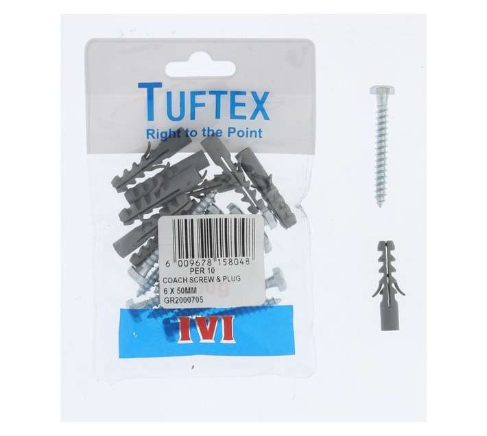 Tuftex 10 x Coach Screw and Plugs (6 x 50mm)