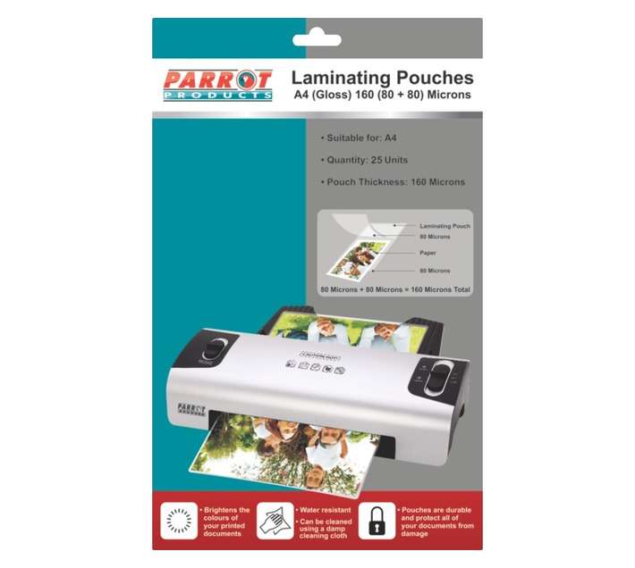 Parrot Products LFA480/25 25 x 160 Micron A4 Laminating Pouches
