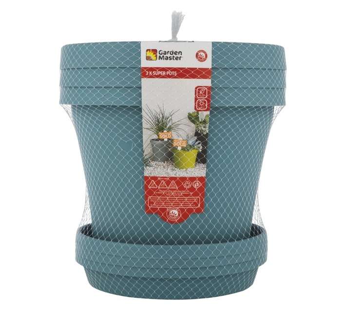 Garden Master 3 x Super Pots and Saucers - Powder Blue (200mm)