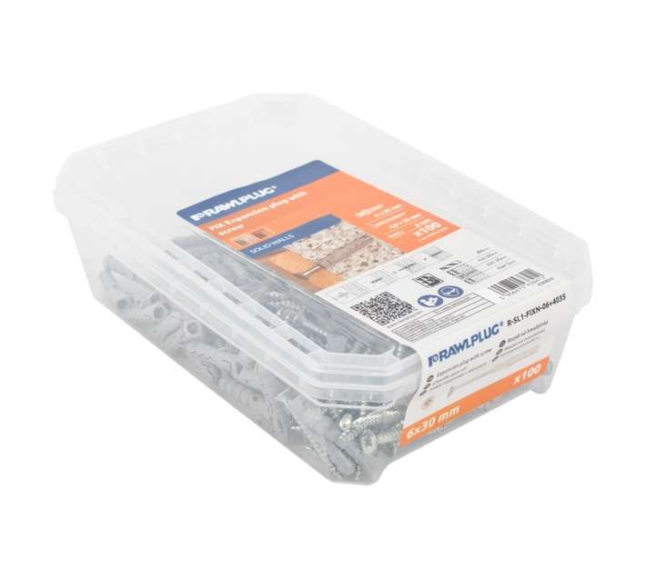 Rawlplug 100 x Nylon Expansion Plugs and Screws - Silver (6 x 30mm)