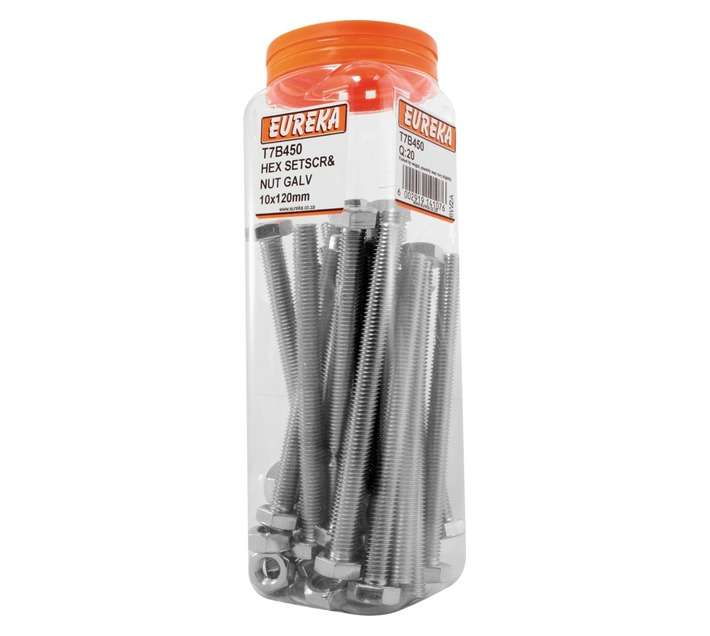 Eureka 10 x 120mm Galvanised Hex Set Screw and Nut (20 Pack)