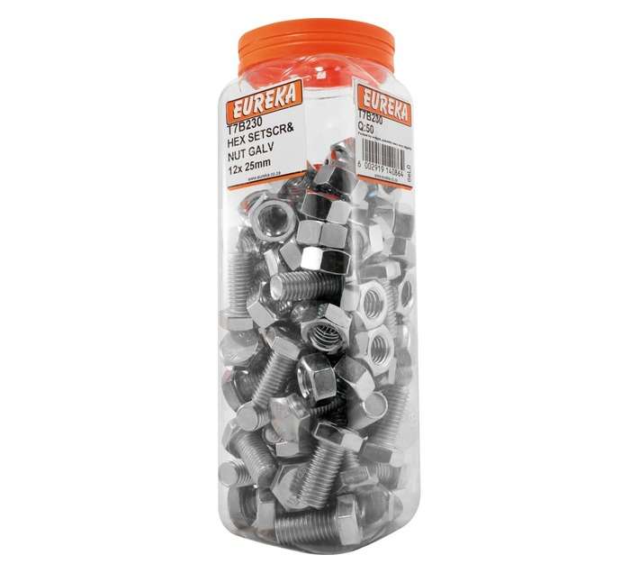 Eureka 12 x 25mm Galvanised Hex Set Screw and Nut (50 Pack)