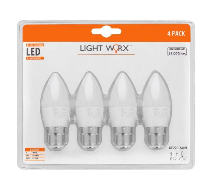 Lightworx 4 x LED B22 Candle Bulbs - Warm White (3w)