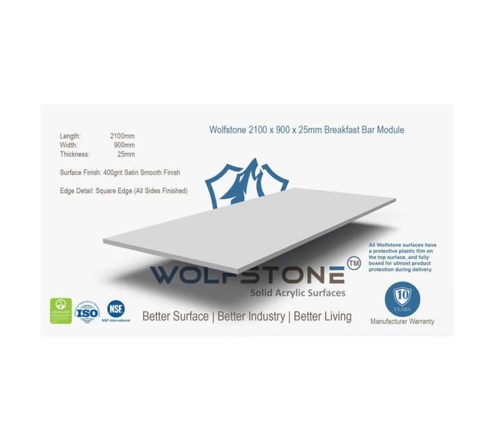 Wolfstone WS6900BB Breakfast Bar Acrylic Countertop - Snow (2100 x 900 x 25mm)